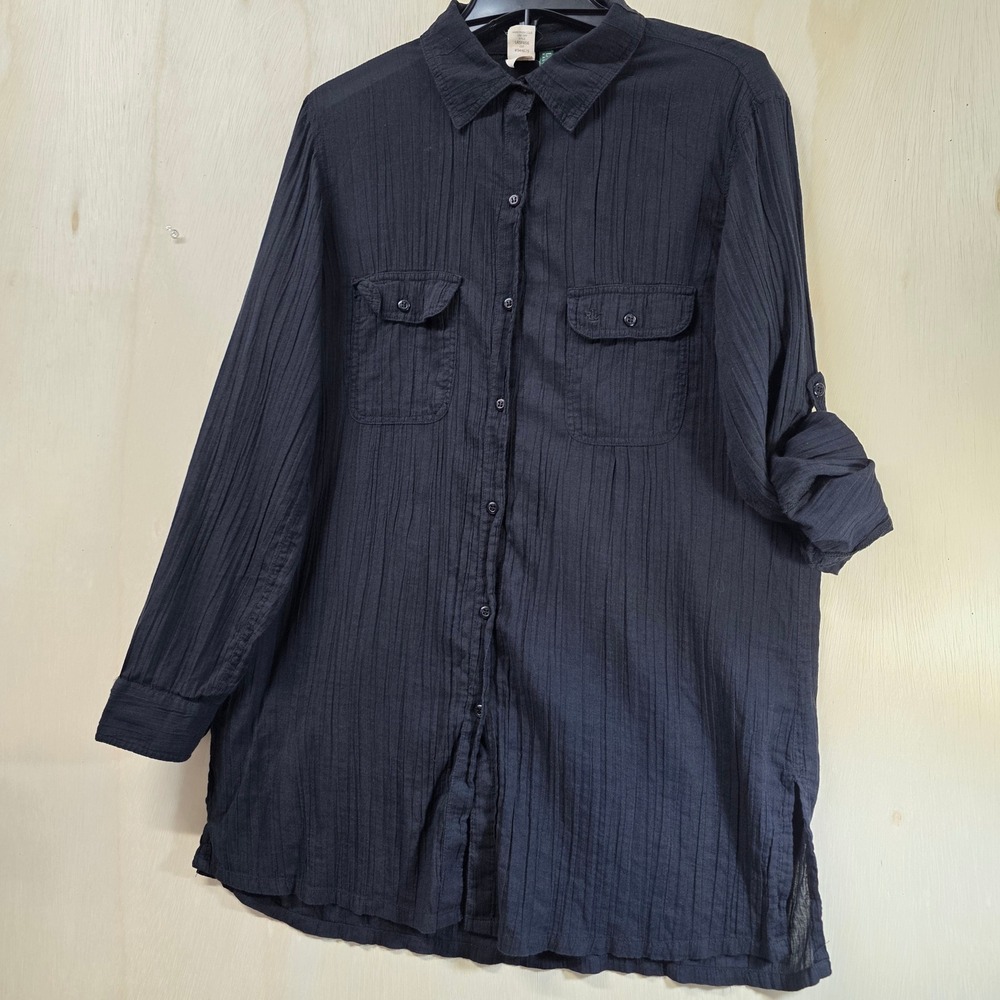Lauren Ralph Lauren Black Cotton Gauze Roll Tab Beach Cover Up Shirt Medium - Picture 12 of 15